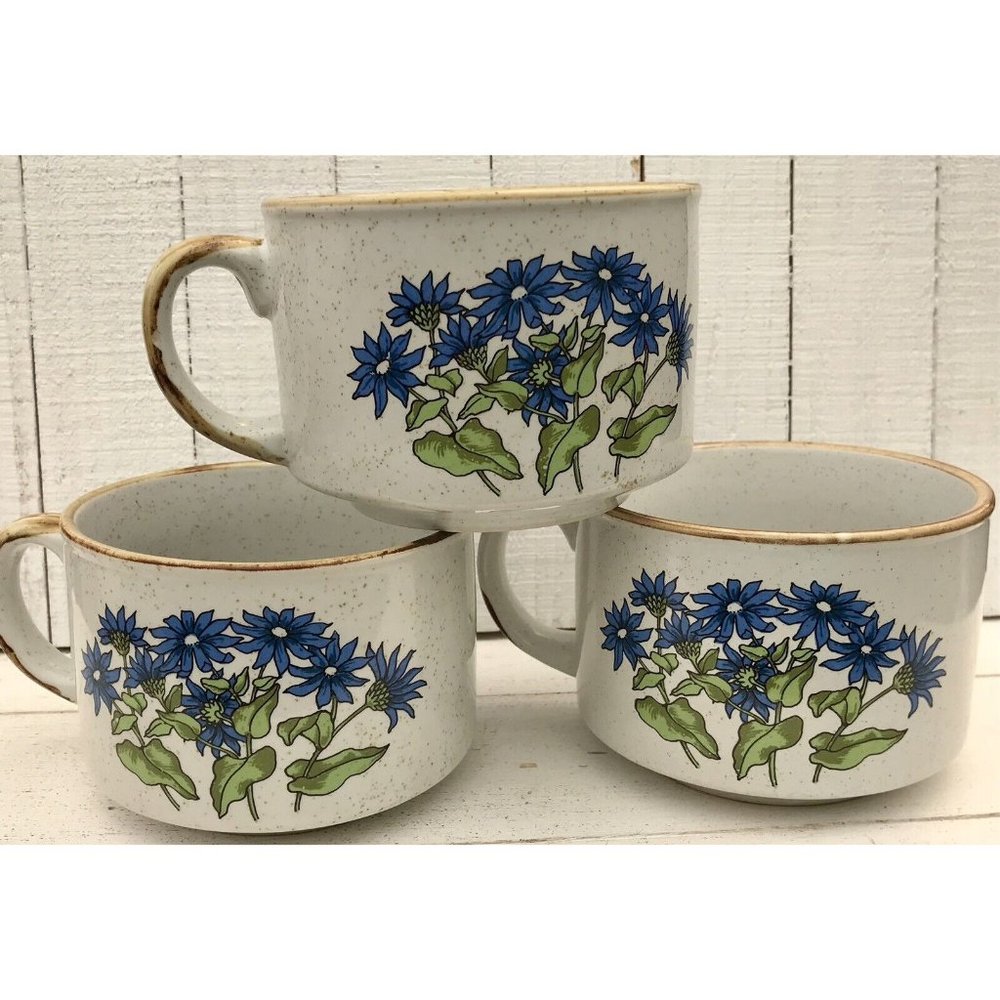 Vtg Japan Speckled Stoneware Blue Blossom Handle Soup Bowls Large Mugs MCM 70s
